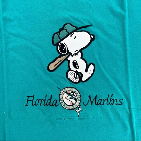 Vintage 90s Ultimate Sports Wear Blue Snoopy Florida Marlins Baseball Shirt Top - Picture 3 of 5
